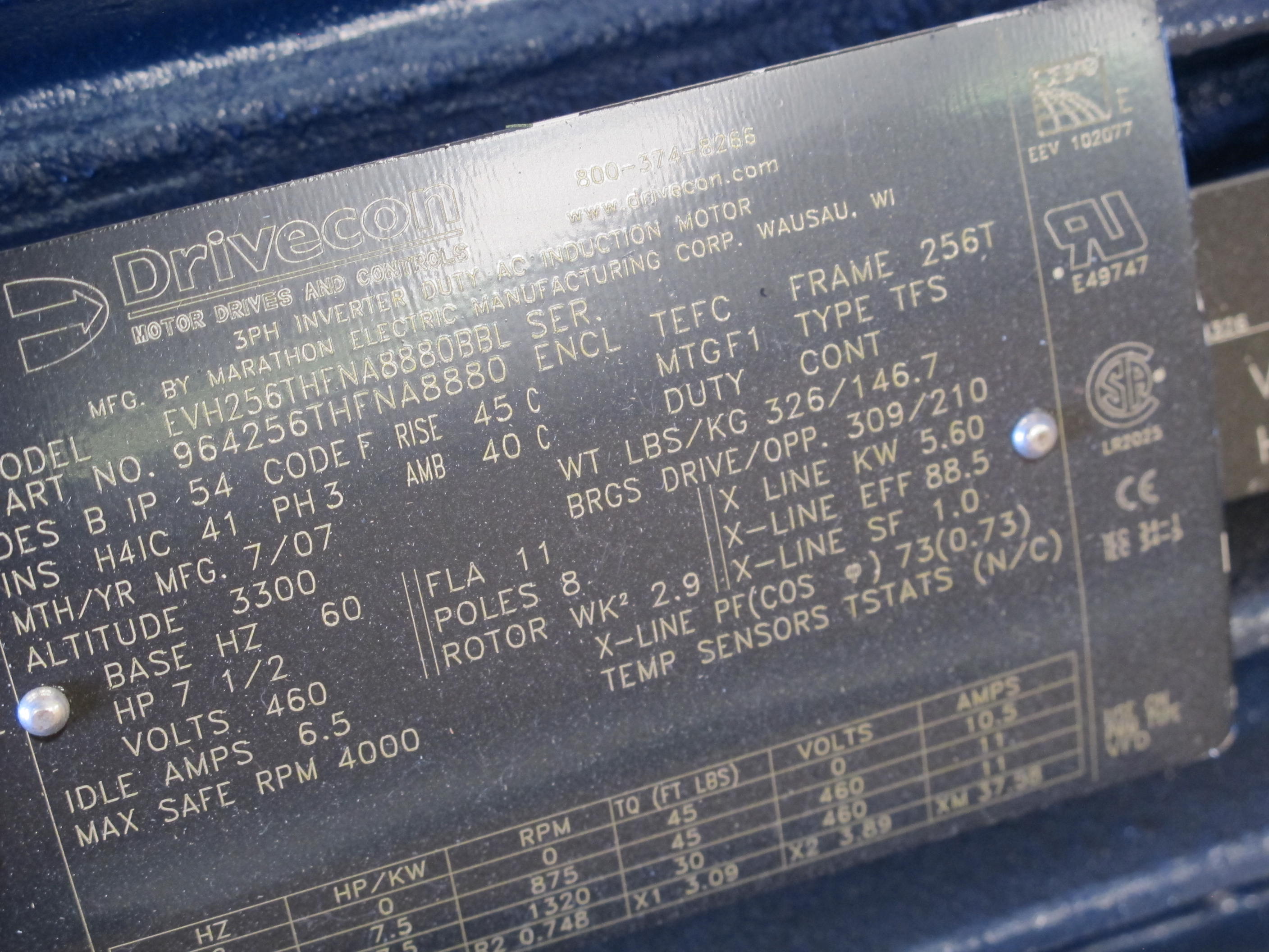 MOTOR, ELECTRIC TYPE, 7.5 HORSEPOWER, 460/3/60 ELEC RATING, 900 RPM, 256T FRAME, 11 FLA AMPS, TENV ENCLOSURE, CONTINUOUS, PREMIUM SEVIRE DUTY. ACCESSORY TROLLEY, W/110V HEATER, CLASS H INSULATION. W/DISK BRAKE, STEARNS NEMA 4, 50FT/LB W/HEATER. PART # 256THFNA8880 (W-44) LOADING & HANDLING FEE $15-